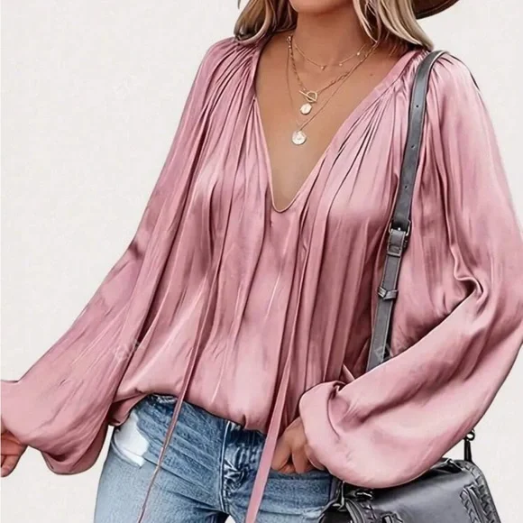 NWOT: Satin Pleated V-Neck Blouse - Picture 1 of 3